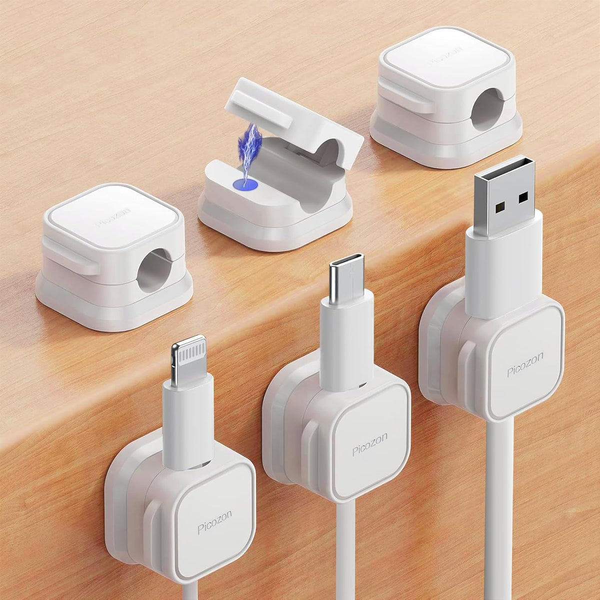 Picozon 6 Pack Magnetic Cable Clip Organizer Cord Holder, Picozon Adhesive Cable Management, Wire Phone USB Charger Cable Holder Keeper Organizer for Car, Office Home Desktop, Wall, Night Table