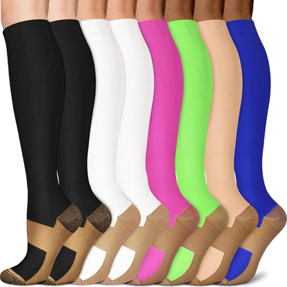 Sooverki Copper Compression Socks for Men & Women 8 Pack 15-20mmHg - Knee High Stockings Best Support for Running Athletic