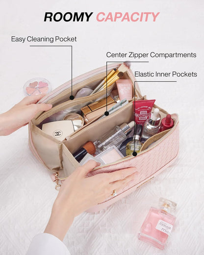 BAGSMART Travel Makeup Bag for Women, Portable Water-resistant Cosmetic Case, Puffy Padded Make Up Organizer Pouch, Open Flat Toiletry Bag for Toiletries, Brushes, Black