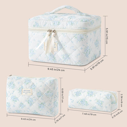 HBselect Quilted Makeup Bag, 3PCS Cotton Large Travel Makeup Bag, Cute Floral Coquette Make up Bag Cosmetic Bag Toiletry Bag for Women Girls - Colors B