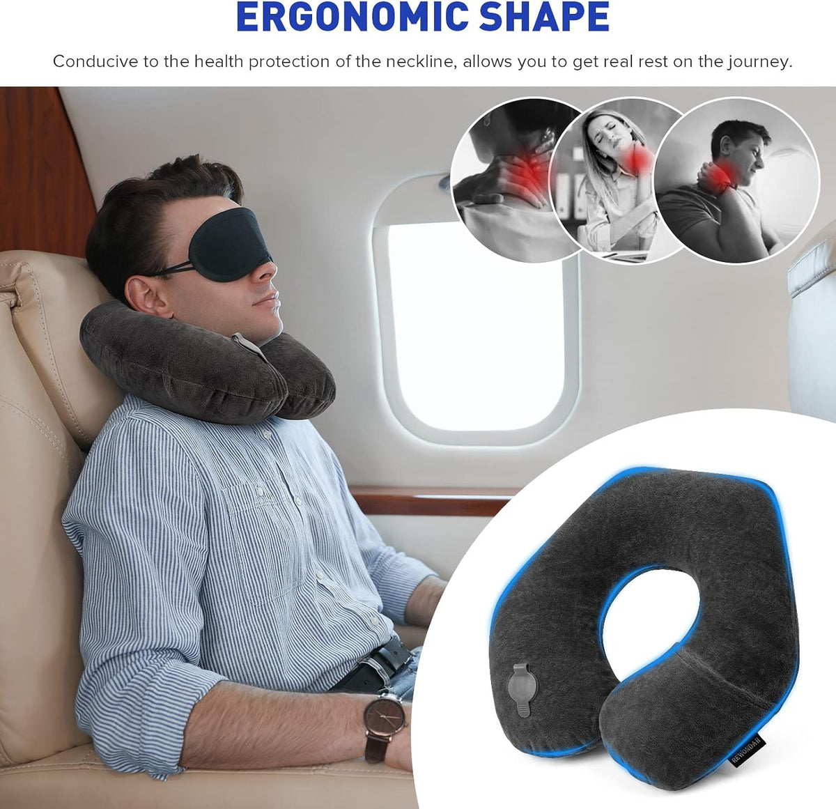 Inflatable Travel Pillow, Inflatable Neck Pillow for Traveling Airplane, Travel Pillow with Soft Velour Washable Cover, U Shape Blow Up Neck Pillow for Airplanes Train Car Travel