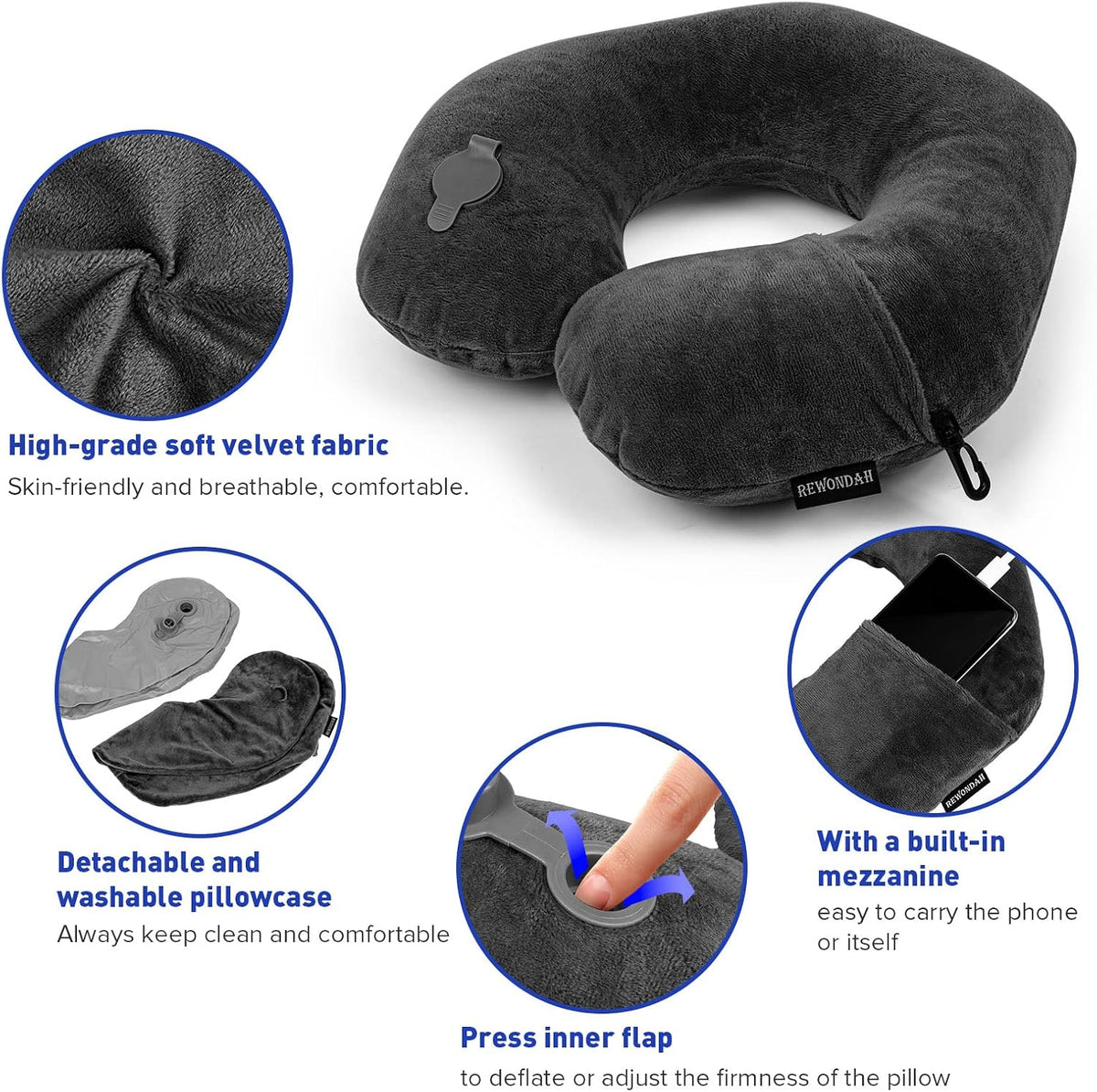 Inflatable Travel Pillow, Inflatable Neck Pillow for Traveling Airplane, Travel Pillow with Soft Velour Washable Cover, U Shape Blow Up Neck Pillow for Airplanes Train Car Travel