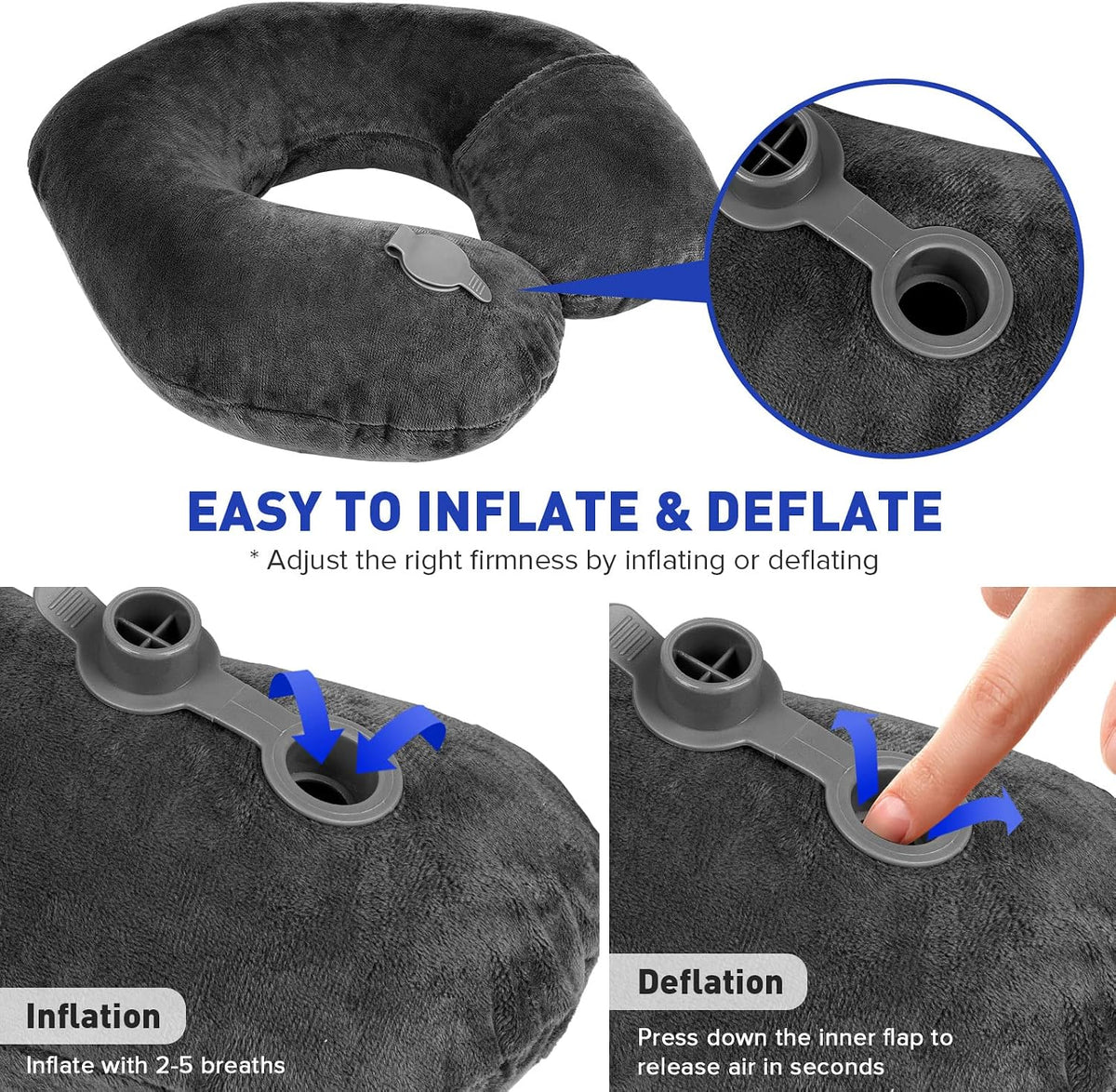 Inflatable Travel Pillow, Inflatable Neck Pillow for Traveling Airplane, Travel Pillow with Soft Velour Washable Cover, U Shape Blow Up Neck Pillow for Airplanes Train Car Travel