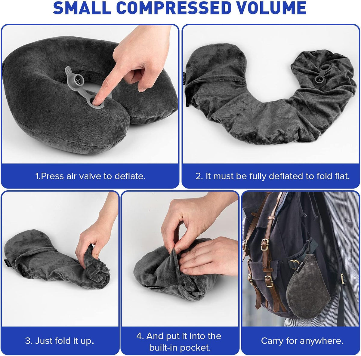 Inflatable Travel Pillow, Inflatable Neck Pillow for Traveling Airplane, Travel Pillow with Soft Velour Washable Cover, U Shape Blow Up Neck Pillow for Airplanes Train Car Travel