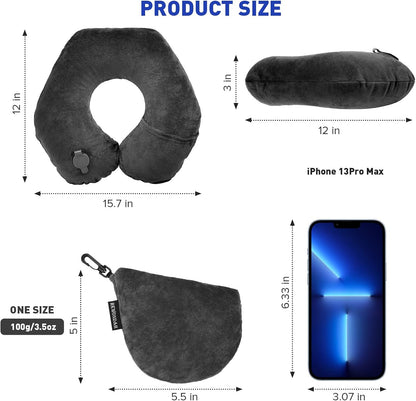 Inflatable Travel Pillow, Inflatable Neck Pillow for Traveling Airplane, Travel Pillow with Soft Velour Washable Cover, U Shape Blow Up Neck Pillow for Airplanes Train Car Travel