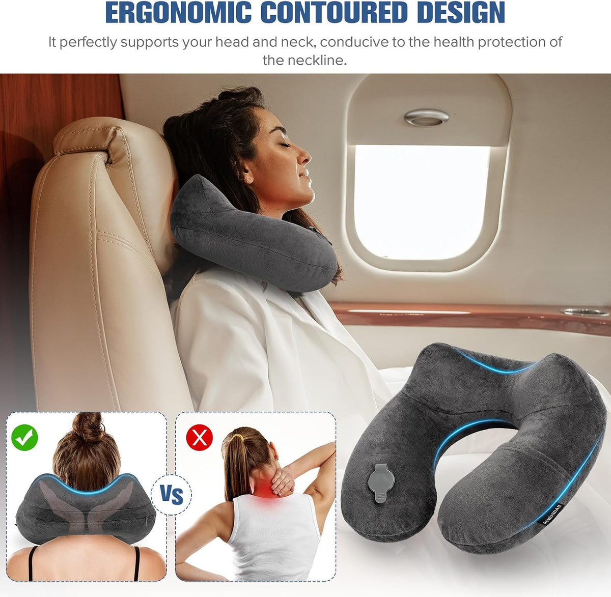 Inflatable Travel Pillow, Inflatable Neck Pillow for Traveling Airplane, Travel Pillow with Soft Velour Washable Cover, U Shape Blow Up Neck Pillow for Airplanes Train Car Travel