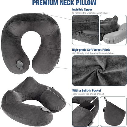 Inflatable Travel Pillow, Inflatable Neck Pillow for Traveling Airplane, Travel Pillow with Soft Velour Washable Cover, U Shape Blow Up Neck Pillow for Airplanes Train Car Travel