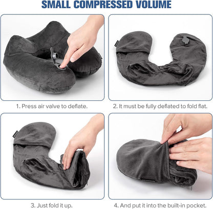 Inflatable Travel Pillow, Inflatable Neck Pillow for Traveling Airplane, Travel Pillow with Soft Velour Washable Cover, U Shape Blow Up Neck Pillow for Airplanes Train Car Travel