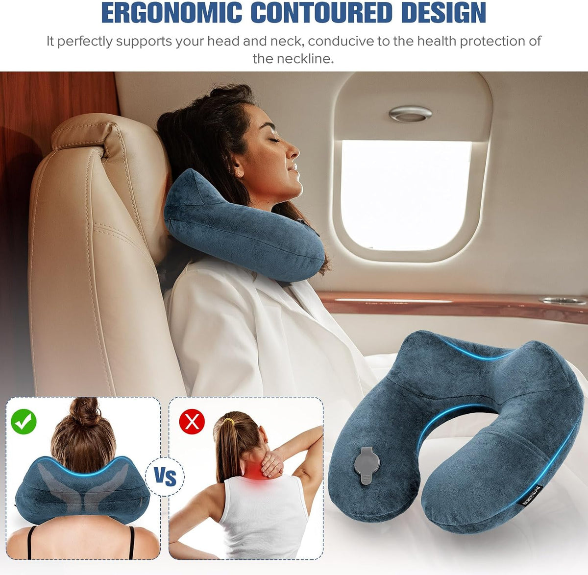 Inflatable Travel Pillow, Inflatable Neck Pillow for Traveling Airplane, Travel Pillow with Soft Velour Washable Cover, U Shape Blow Up Neck Pillow for Airplanes Train Car Travel