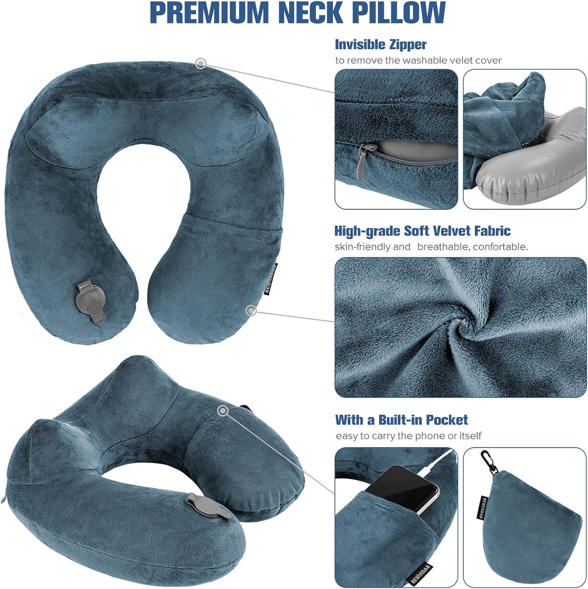 Inflatable Travel Pillow, Inflatable Neck Pillow for Traveling Airplane, Travel Pillow with Soft Velour Washable Cover, U Shape Blow Up Neck Pillow for Airplanes Train Car Travel