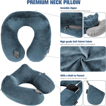 Inflatable Travel Pillow, Inflatable Neck Pillow for Traveling Airplane, Travel Pillow with Soft Velour Washable Cover, U Shape Blow Up Neck Pillow for Airplanes Train Car Travel