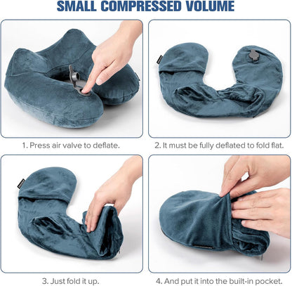 Inflatable Travel Pillow, Inflatable Neck Pillow for Traveling Airplane, Travel Pillow with Soft Velour Washable Cover, U Shape Blow Up Neck Pillow for Airplanes Train Car Travel