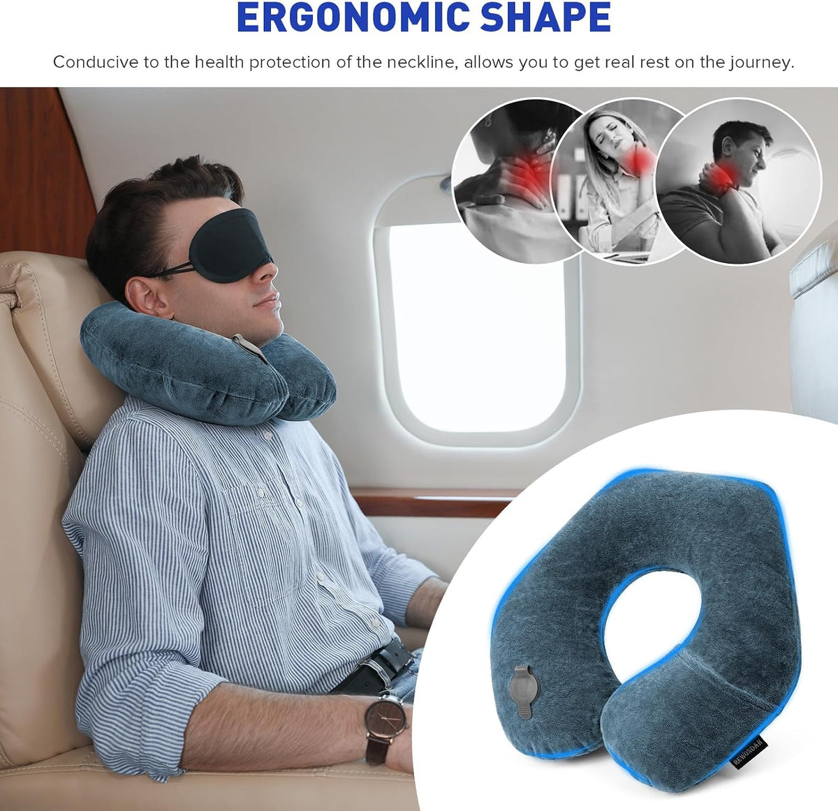 Inflatable Travel Pillow, Inflatable Neck Pillow for Traveling Airplane, Travel Pillow with Soft Velour Washable Cover, U Shape Blow Up Neck Pillow for Airplanes Train Car Travel