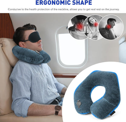 Inflatable Travel Pillow, Inflatable Neck Pillow for Traveling Airplane, Travel Pillow with Soft Velour Washable Cover, U Shape Blow Up Neck Pillow for Airplanes Train Car Travel