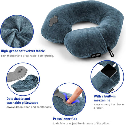 Inflatable Travel Pillow, Inflatable Neck Pillow for Traveling Airplane, Travel Pillow with Soft Velour Washable Cover, U Shape Blow Up Neck Pillow for Airplanes Train Car Travel