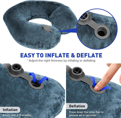 Inflatable Travel Pillow, Inflatable Neck Pillow for Traveling Airplane, Travel Pillow with Soft Velour Washable Cover, U Shape Blow Up Neck Pillow for Airplanes Train Car Travel