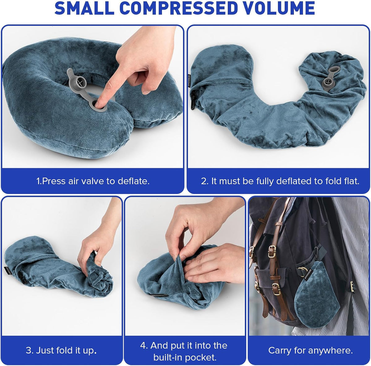 Inflatable Travel Pillow, Inflatable Neck Pillow for Traveling Airplane, Travel Pillow with Soft Velour Washable Cover, U Shape Blow Up Neck Pillow for Airplanes Train Car Travel