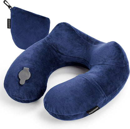 Inflatable Travel Pillow, Inflatable Neck Pillow for Traveling Airplane, Travel Pillow with Soft Velour Washable Cover, U Shape Blow Up Neck Pillow for Airplanes Train Car Travel