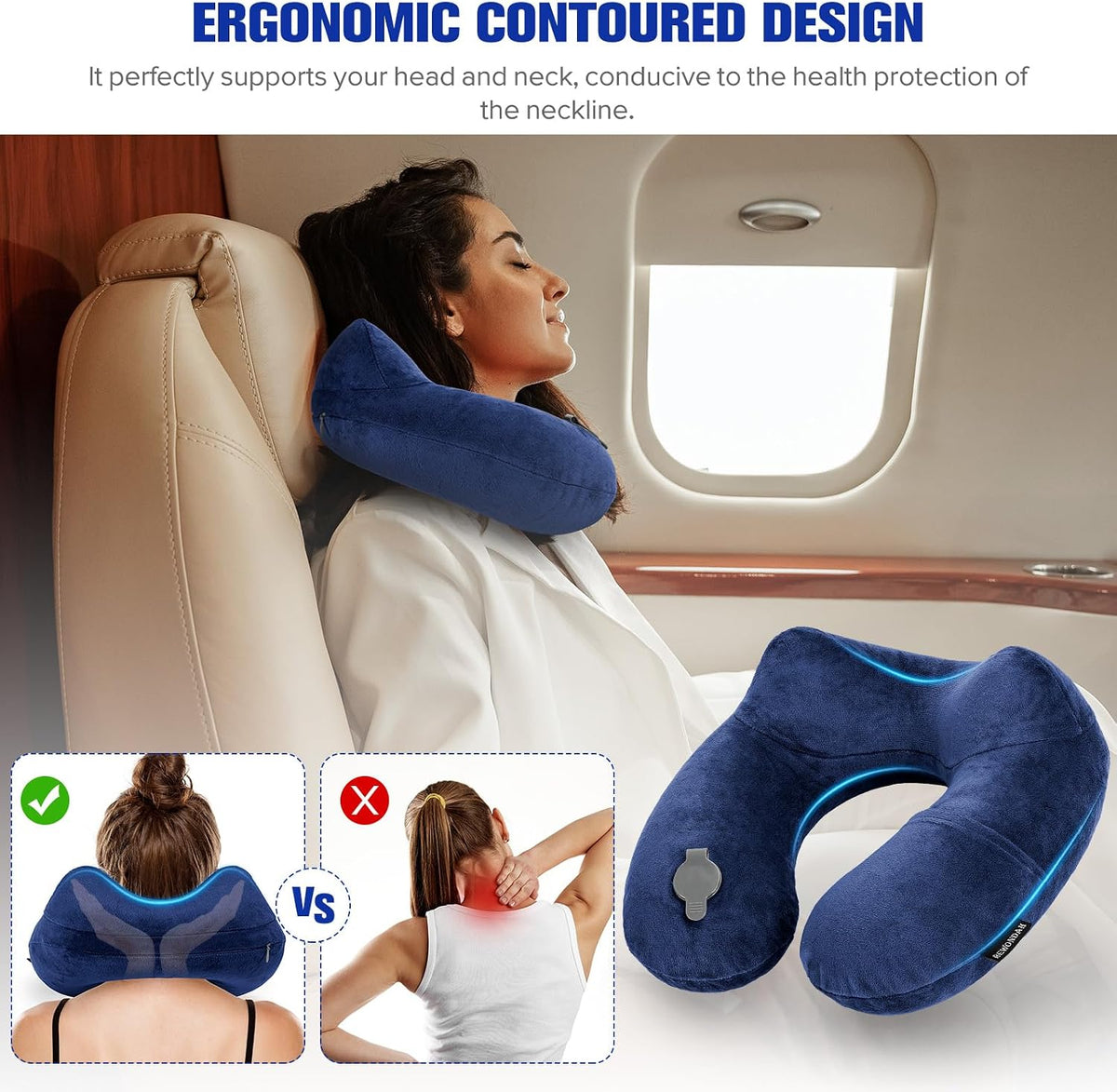Inflatable Travel Pillow, Inflatable Neck Pillow for Traveling Airplane, Travel Pillow with Soft Velour Washable Cover, U Shape Blow Up Neck Pillow for Airplanes Train Car Travel