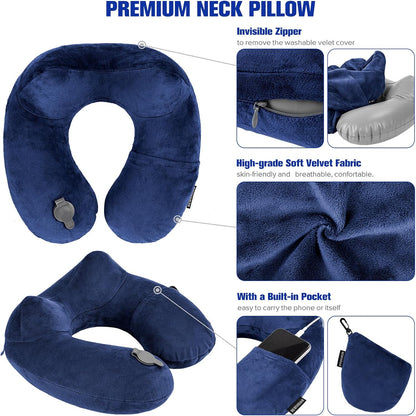 Inflatable Travel Pillow, Inflatable Neck Pillow for Traveling Airplane, Travel Pillow with Soft Velour Washable Cover, U Shape Blow Up Neck Pillow for Airplanes Train Car Travel