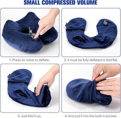 Inflatable Travel Pillow, Inflatable Neck Pillow for Traveling Airplane, Travel Pillow with Soft Velour Washable Cover, U Shape Blow Up Neck Pillow for Airplanes Train Car Travel