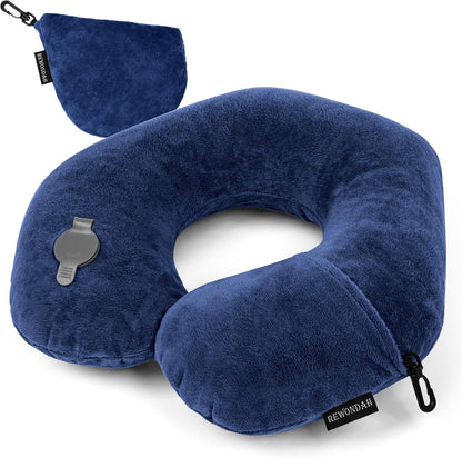 Inflatable Travel Pillow, Inflatable Neck Pillow for Traveling Airplane, Travel Pillow with Soft Velour Washable Cover, U Shape Blow Up Neck Pillow for Airplanes Train Car Travel