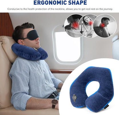 Inflatable Travel Pillow, Inflatable Neck Pillow for Traveling Airplane, Travel Pillow with Soft Velour Washable Cover, U Shape Blow Up Neck Pillow for Airplanes Train Car Travel