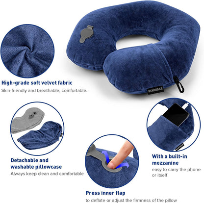 Inflatable Travel Pillow, Inflatable Neck Pillow for Traveling Airplane, Travel Pillow with Soft Velour Washable Cover, U Shape Blow Up Neck Pillow for Airplanes Train Car Travel