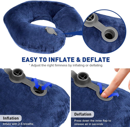 Inflatable Travel Pillow, Inflatable Neck Pillow for Traveling Airplane, Travel Pillow with Soft Velour Washable Cover, U Shape Blow Up Neck Pillow for Airplanes Train Car Travel
