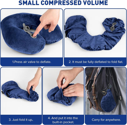 Inflatable Travel Pillow, Inflatable Neck Pillow for Traveling Airplane, Travel Pillow with Soft Velour Washable Cover, U Shape Blow Up Neck Pillow for Airplanes Train Car Travel