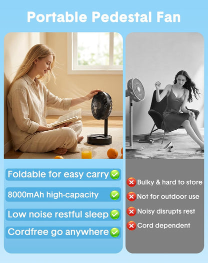 Portable Rechargeable Oscillating Travel Fan - 8" 8000mah Battery Operated