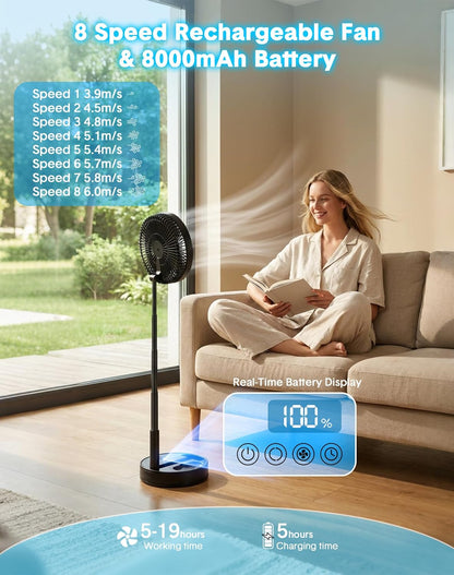 Portable Rechargeable Oscillating Travel Fan - 8" 8000mah Battery Operated