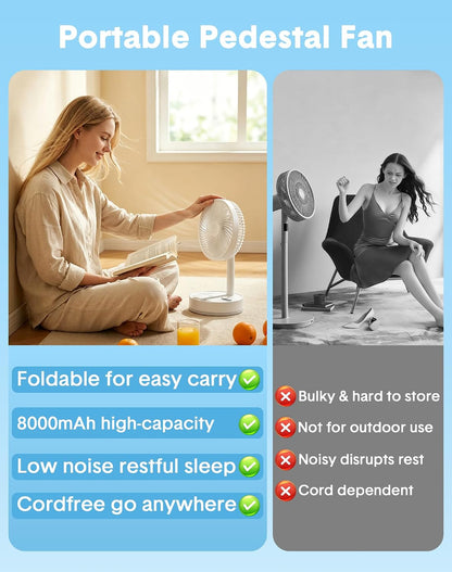 Portable Rechargeable Oscillating Travel Fan - 8" 8000mah Battery Operated