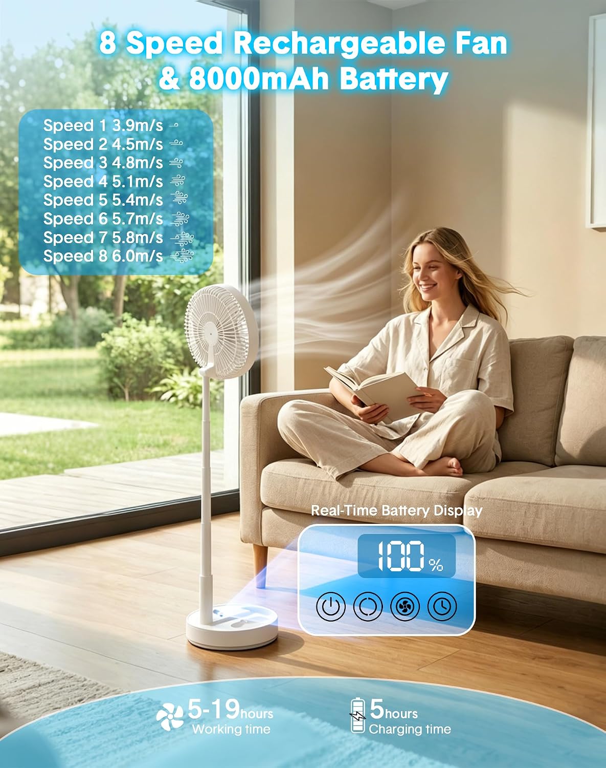 Portable Rechargeable Oscillating Travel Fan - 8" 8000mah Battery Operated