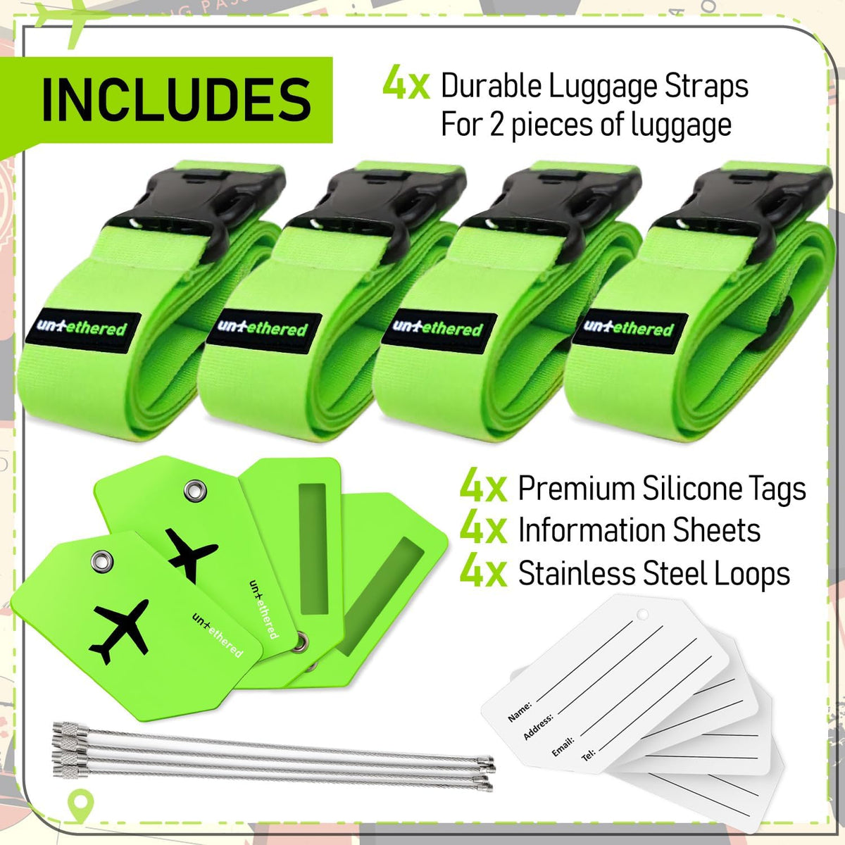 Luggage Straps for Suitcases, TSA Approved, 4-Pack, Green