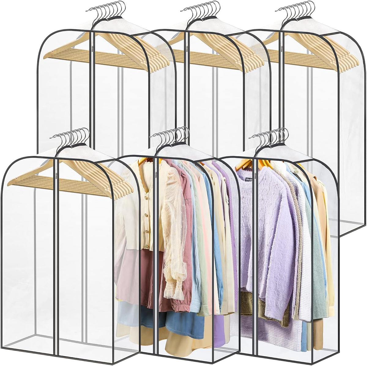 LANDNEOO 6 Pack Clear Garment Bags for Hanging Clothes with Zippers on Double Sides - 10'' Clothes Storage for Coat, Dress, and Fur in Closet - 40'' Long Suit Bags