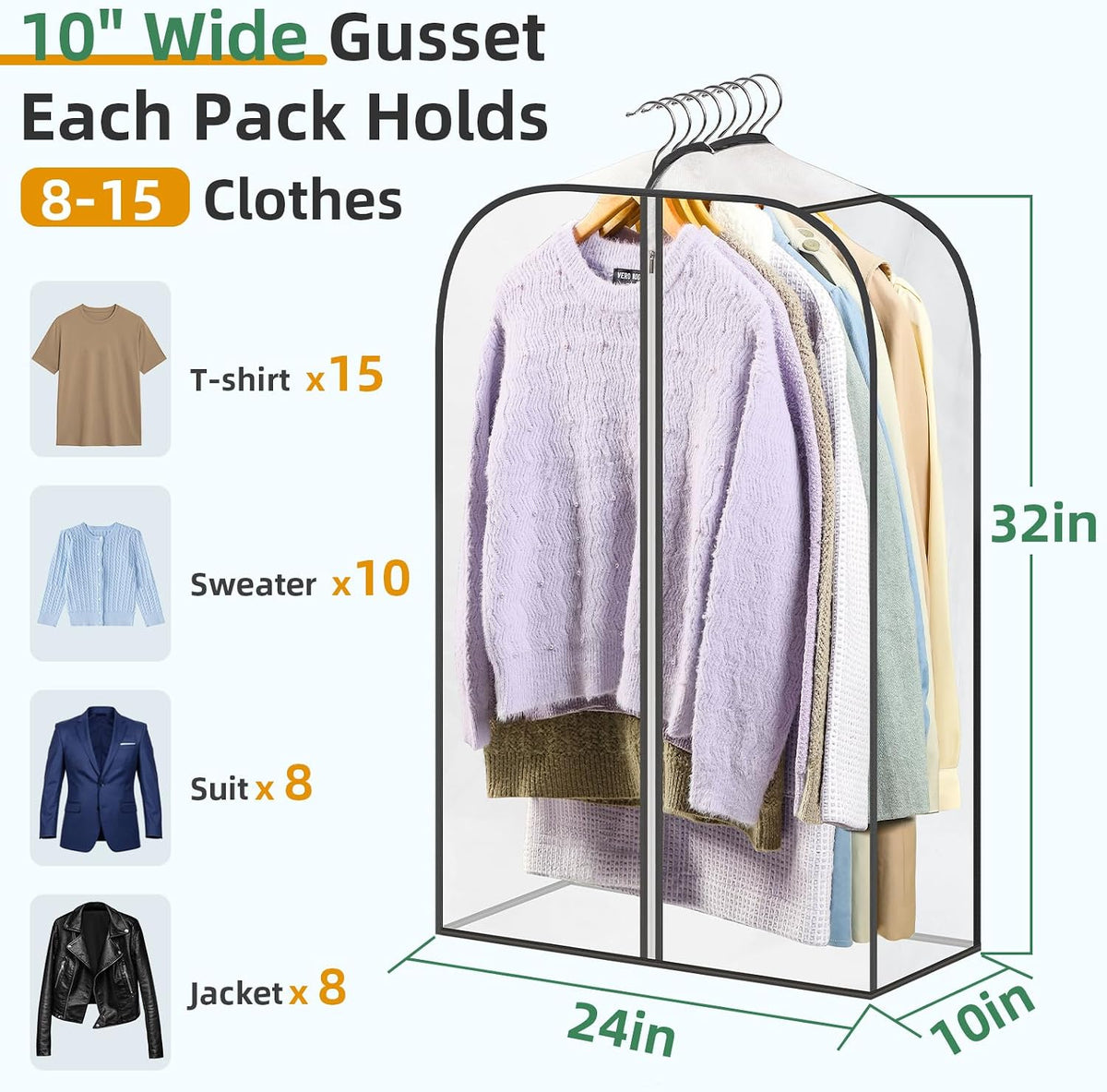 LANDNEOO 6 Pack Clear Garment Bags for Hanging Clothes with Zippers on Double Sides - 10'' Clothes Storage for Coat, Dress, and Fur in Closet - 40'' Long Suit Bags