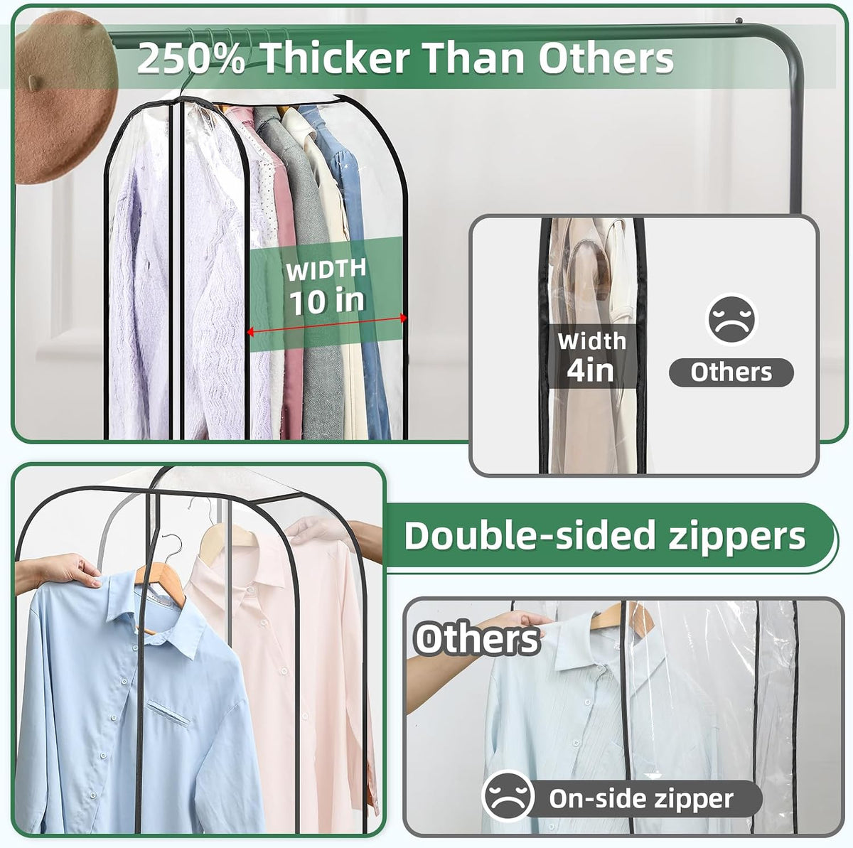 LANDNEOO 6 Pack Clear Garment Bags for Hanging Clothes with Zippers on Double Sides - 10'' Clothes Storage for Coat, Dress, and Fur in Closet - 40'' Long Suit Bags