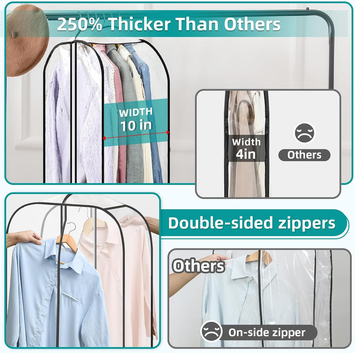 LANDNEOO 6 Pack Clear Garment Bags for Hanging Clothes with Zippers on Double Sides - 10'' Clothes Storage for Coat, Dress, and Fur in Closet - 40'' Long Suit Bags