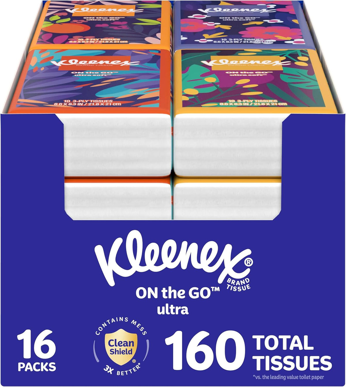 On-The-Go Facial Tissues, 16 On-The-Go Packs, 10 per Box, 3-Ply (160 Total), Packaging May Vary