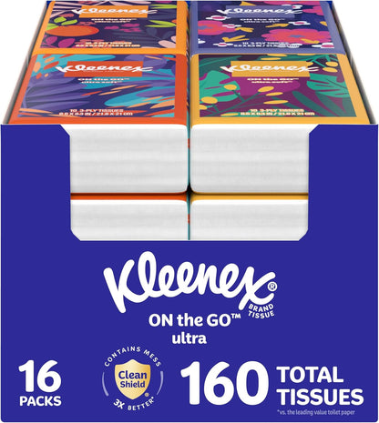 On-The-Go Facial Tissues, 16 On-The-Go Packs, 10 per Box, 3-Ply (160 Total), Packaging May Vary