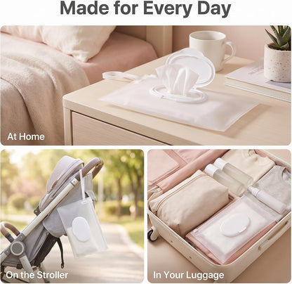 2Pcs White Baby Wipe Case Travel Holder Keeps Wipes Moist Set of Wet Diaper Wipes Holders Cases Portable Travel On The Go Refillable Dispenser Container Waterproof Wipe Container with Sealed Diapering