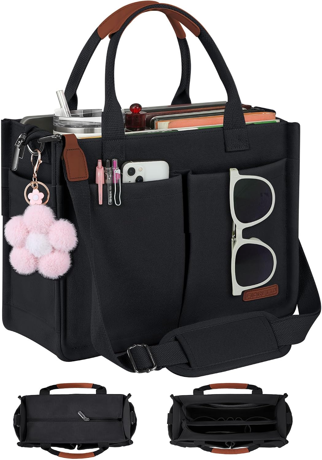 Womens Canvas Tote Bag Purse with Individual Compartment, Zipper Top, Reinforced Bottom & Luggage Sleeve