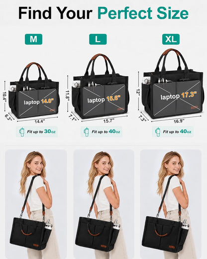 Womens Canvas Tote Bag Purse with Individual Compartment, Zipper Top, Reinforced Bottom & Luggage Sleeve