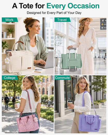 Womens Canvas Tote Bag Purse with Individual Compartment, Zipper Top, Reinforced Bottom & Luggage Sleeve