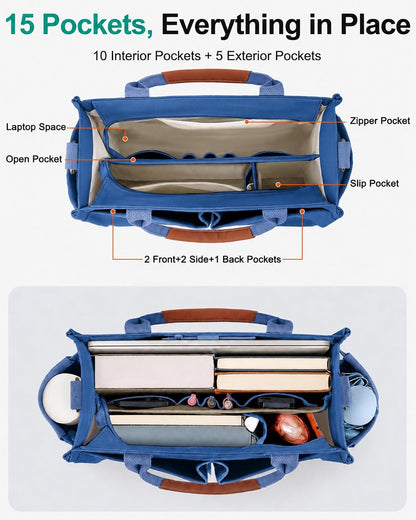 Womens Canvas Tote Bag Purse with Individual Compartment, Zipper Top, Reinforced Bottom & Luggage Sleeve