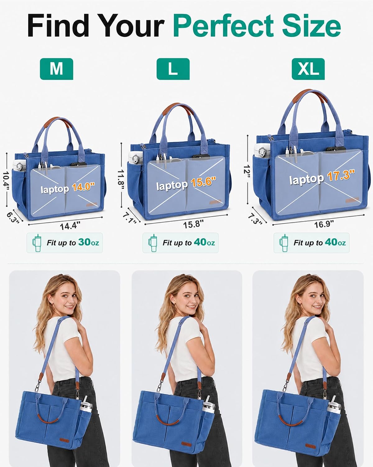 Womens Canvas Tote Bag Purse with Individual Compartment, Zipper Top, Reinforced Bottom & Luggage Sleeve