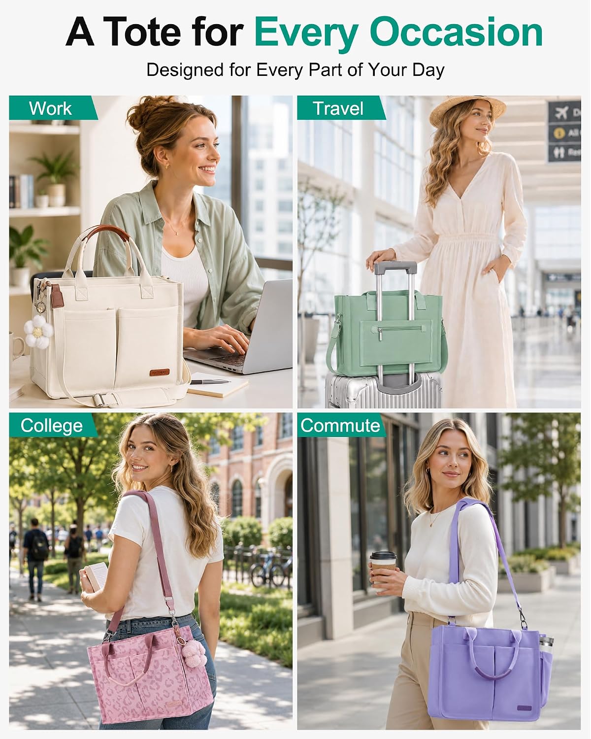 Womens Canvas Tote Bag Purse with Individual Compartment, Zipper Top, Reinforced Bottom & Luggage Sleeve