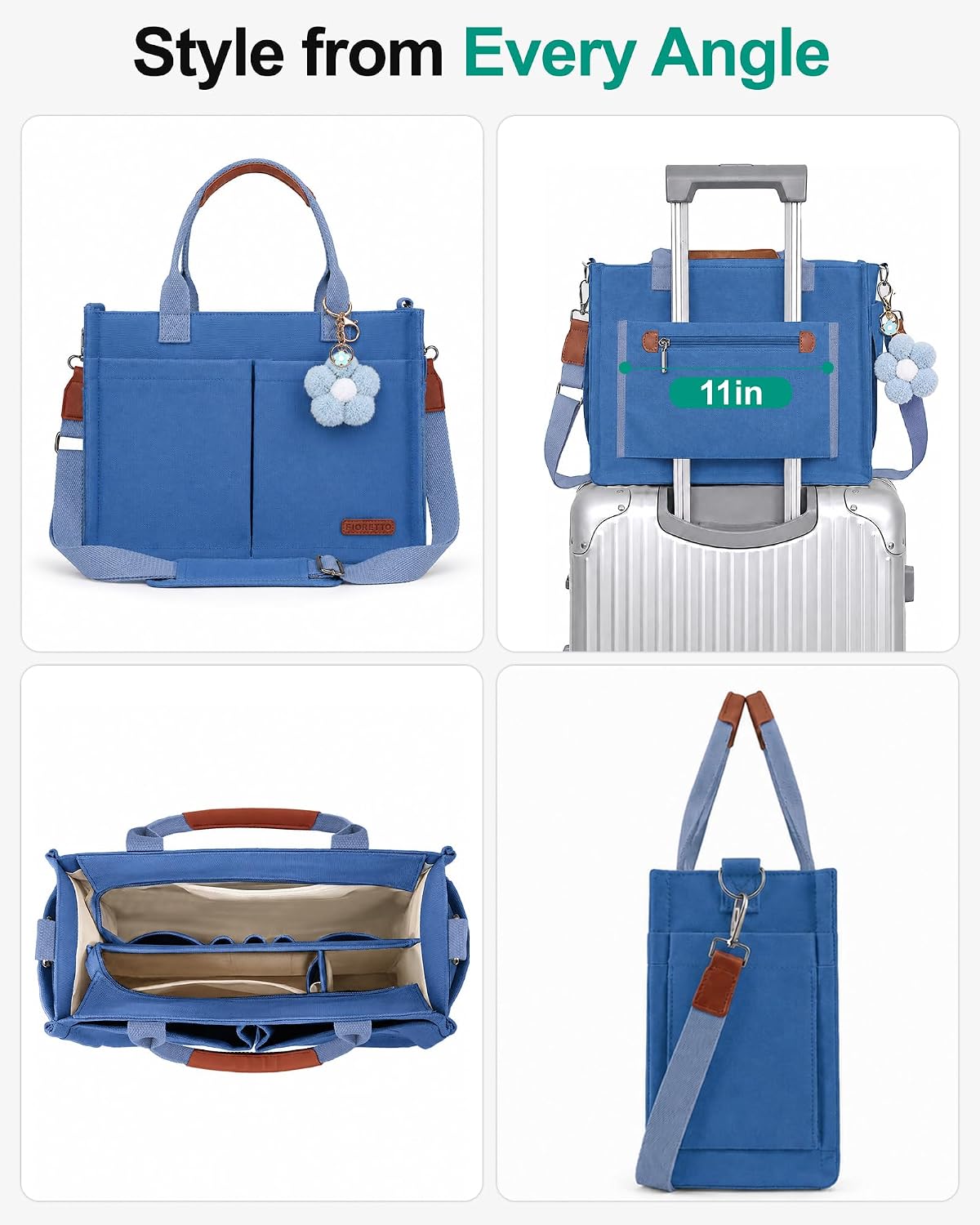 Womens Canvas Tote Bag Purse with Individual Compartment, Zipper Top, Reinforced Bottom & Luggage Sleeve