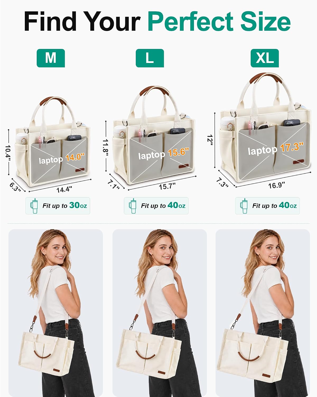 Womens Canvas Tote Bag Purse with Individual Compartment, Zipper Top, Reinforced Bottom & Luggage Sleeve
